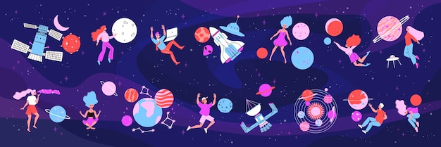 Космический цветовой набор изолированных композиций с каракулями человеческих персонажей молодых людей с векторной иллюстрацией звезд планет