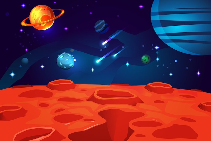 Бесплатный Вектор космическая красочная мультяшная игра с красной поверхностью планеты, ночное небо, сверкающие звезды и астероиды