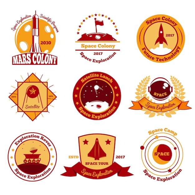 Free vector space colourful emblems collection