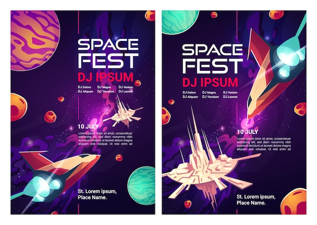 Бесплатное векторное изображение Флаеры космического диджея, плакаты для музыкальных вечеринок
