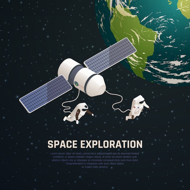 Vettore gratuito fondo di esplorazione spaziale con l'illustrazione isometrica di simboli di ricerca dello spazio cosmico