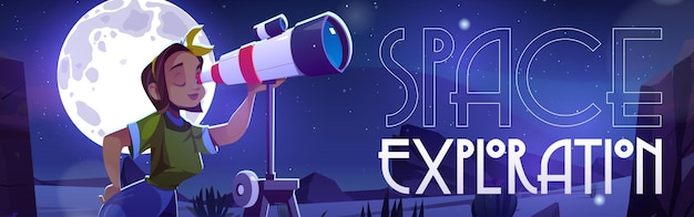 Space exploration banner with woman looking through telescope on night sky concept of science discov...