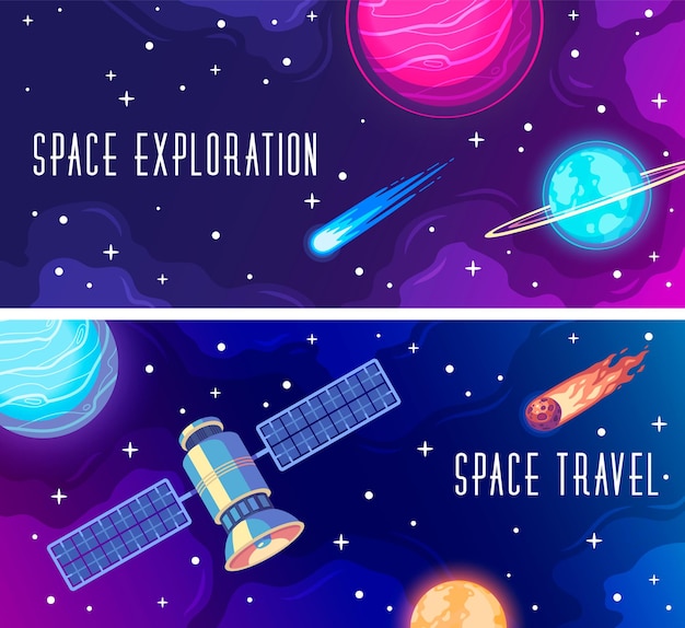 Space exploration horizontal banners set with satellite and celestial bodies cartoon isolated vector illustration