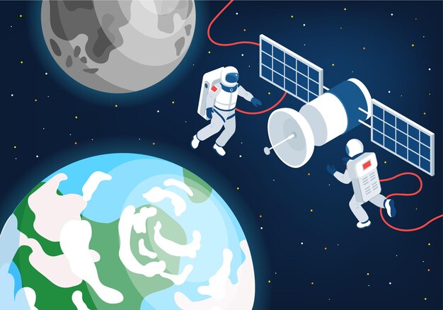 国際駅のベクトル図の近くの外側の宇宙を飛んでいる2人の宇宙飛行士と宇宙探査の等角投影の背景