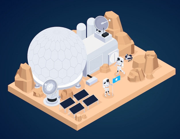 Бесплатное векторное изображение Изометрическая композиция исследования космоса с частью внеземной местности и искусственных зданий с персонажами-космонавтами векторная иллюстрация