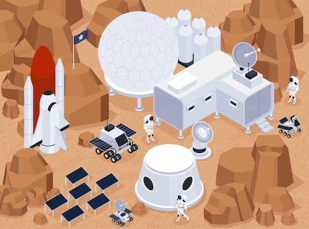 Space exploration isometric composition with view of extraterrestrial terrain and base with buildings and solar batteries vector illustration