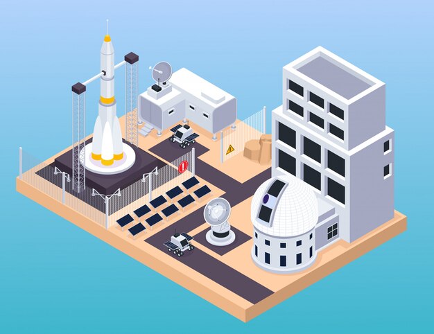 Space exploration isometric composition with view of training centre with buildings launch pad and moving rovers vector illustration