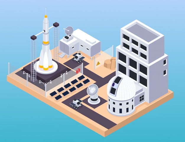 Space exploration isometric composition with view of training centre with buildings launch pad and moving rovers vector illustration