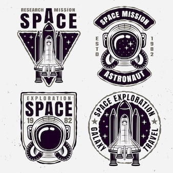 Space exploration set of four vector emblems, badges, labels or t-shirt design isolated vector illustration