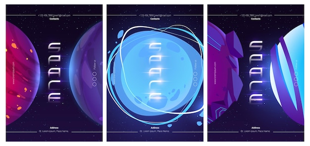 Космические исследования иллюстрации набор футуристических листовок с карикатурой фэнтезийных инопланетных планет