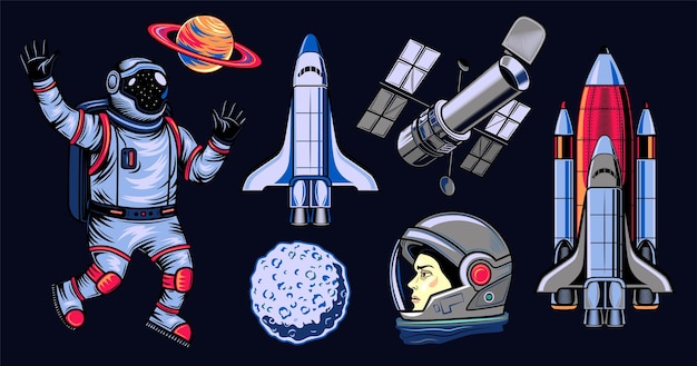 Space flat illustration set. colored comic elements of astronaut, space shuttle, saturn and satellite isolated vector illustration collection. logo design and universe concept