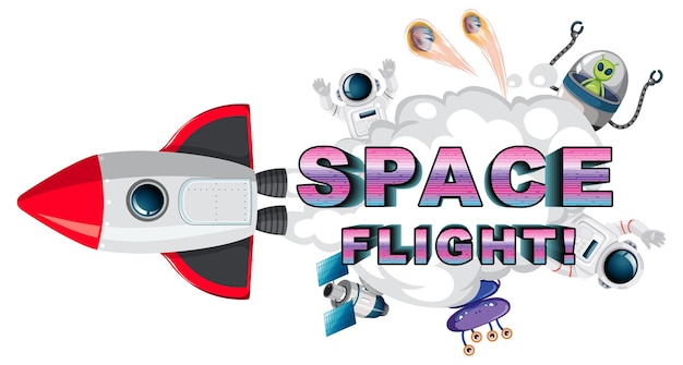 우주선과 우주 비행 단어 로고 디자인