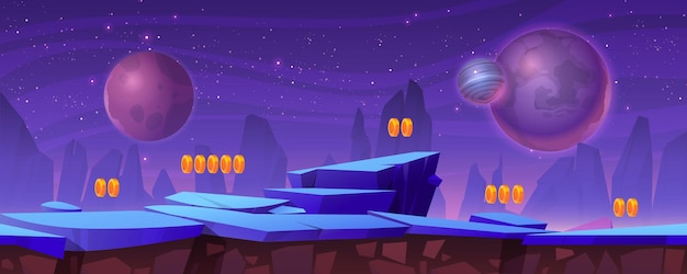 Free vector space game level background with rocky platforms