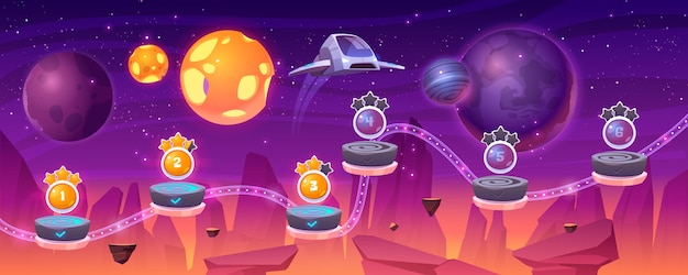 우주선과 외계 행성, 만화 2d gui 풍경, 컴퓨터 또는 플랫폼과 보너스 아이템이있는 모바일 아케이드가있는 우주 게임 레벨지도. 코스모스, 우주 미래 배경 일러스트 레이션