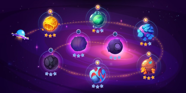 Бесплатное векторное изображение Карта уровня космической игры с космическим кораблем и планетами