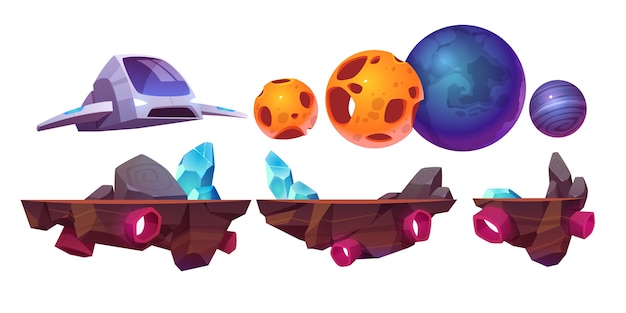 Free vector space game platform, cartoon arcade isolated elements spaceship, flying rocks and alien planets for computer or mobile 2d gui design. cosmos adventure, universe futuristic illustration set