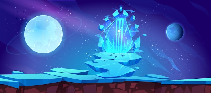Бесплатный Вектор космическая игровая платформа с волшебным ледяным порталом векторная мультфильмная иллюстрация каменного моста, покрытого снежной аркой, путь к фантастическим зеркальным воротам, светящимся неоновыми голубыми планетами и звездами в ночном небе