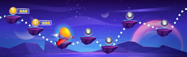 Space game progress map on night sky background vector cartoon illustration of aircraft traveling between floating islands to raise bonus points golden stars and lock icons on arcade stone platforms