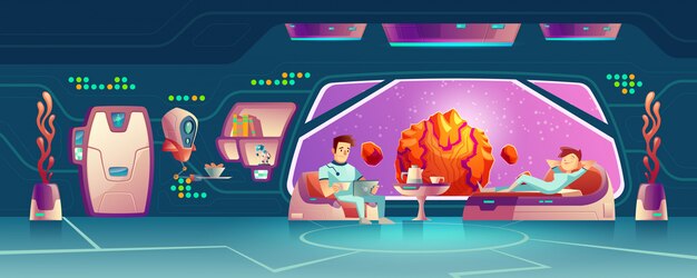 Space hotel clients resting in room cartoon vector
