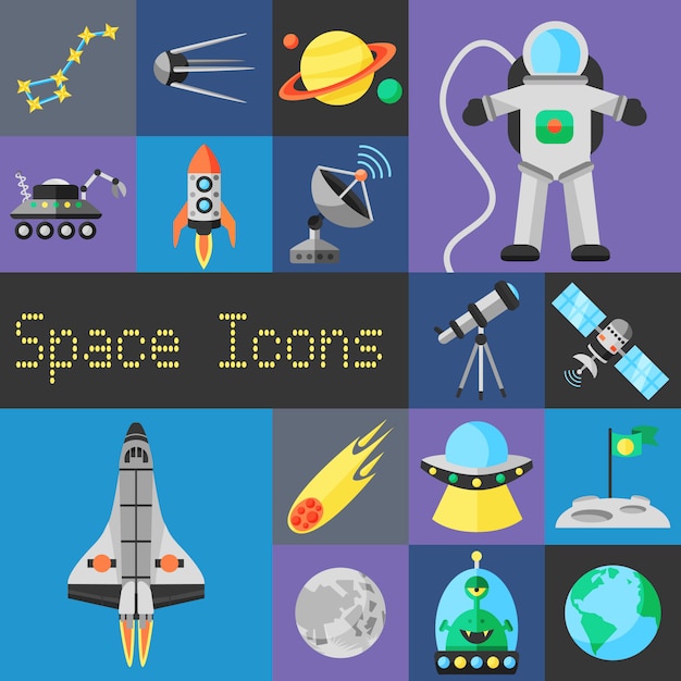 Бесплатное векторное изображение space icons flat