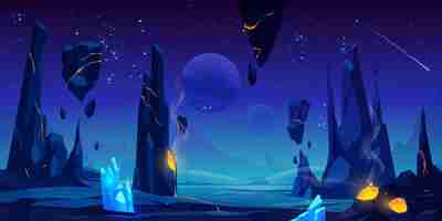 Free vector space illustration, night alien fantasy landscape