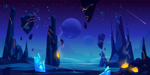 Space illustration, night alien fantasy landscape