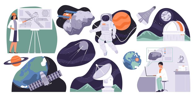 Free vector space industry set of satellites and scientists flat isolated vector illustration