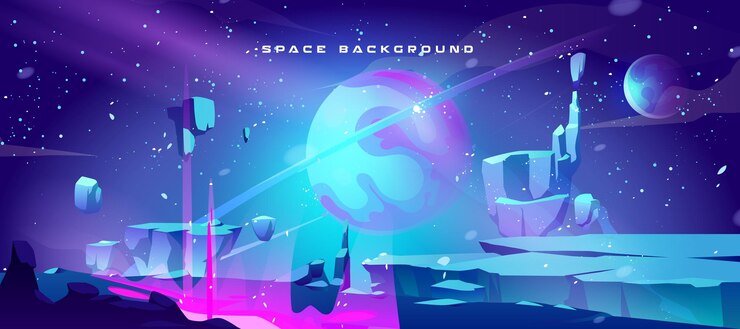 Free Vector space landscape panorama with neon cosmic scenery