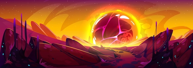 Free vector space landscape with burning asteroid on horizon vector cartoon illustration of desert alien planet surface stone road with rocks orange hot lava ball in night sky apocalypse explosion effect