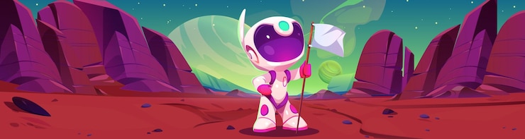 Free Vector space mars planet with cosmonaut and white flag landscape background alien in astronaut suit in extraterrestrial martian canyon desert 2d videogame mission illustration cosmoc green sky backdrop