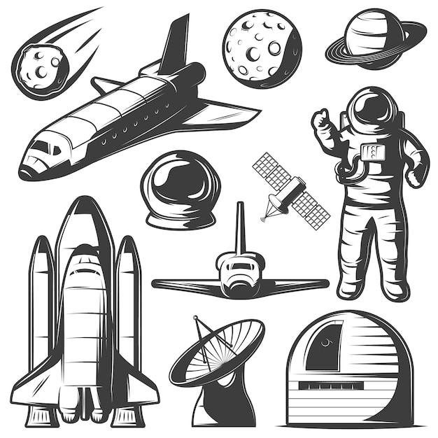 Free vector space monochrome elements set with astronaut shuttles and rockets cosmic objects observatory and radar isolated