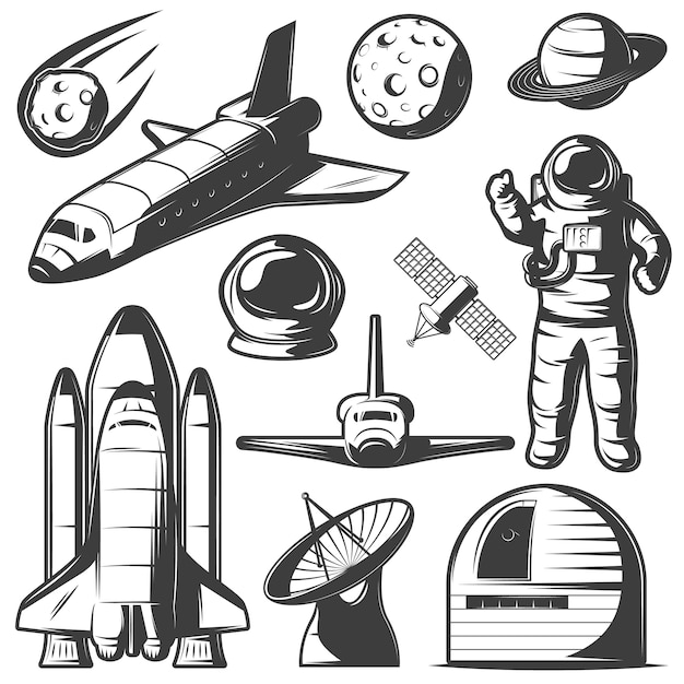 우주 비행사 셔틀 및 로켓 우주 개체 관측소 및 레이더 격리 설정 우주 흑백 요소