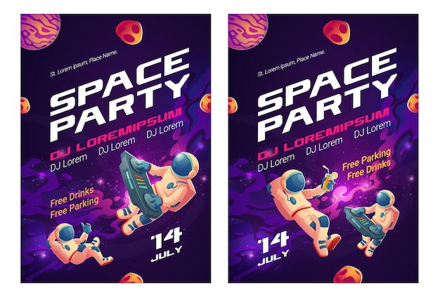 Free vector space party cartoon flyers, invitation to music show with astronaut dj with turntable in open space