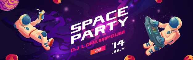 Space party cartoon flyers, invitation to music show with astronaut dj with turntable in open space