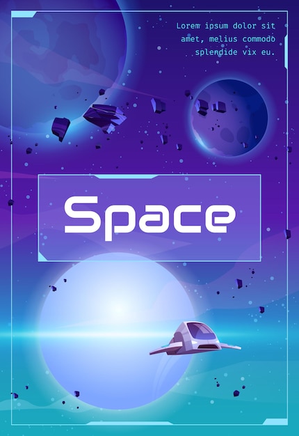 Космический плакат с космическим кораблем в космосе с инопланетными планетами, астероидами и звездами