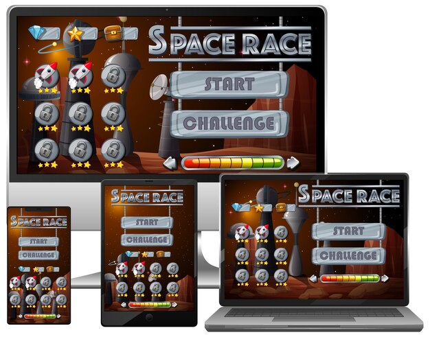 さまざまな電子画面での宇宙開発競争ミッションゲーム