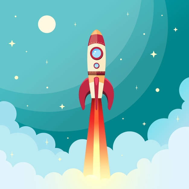 Space rocket flying in space with moon and stars on background print vector illustration