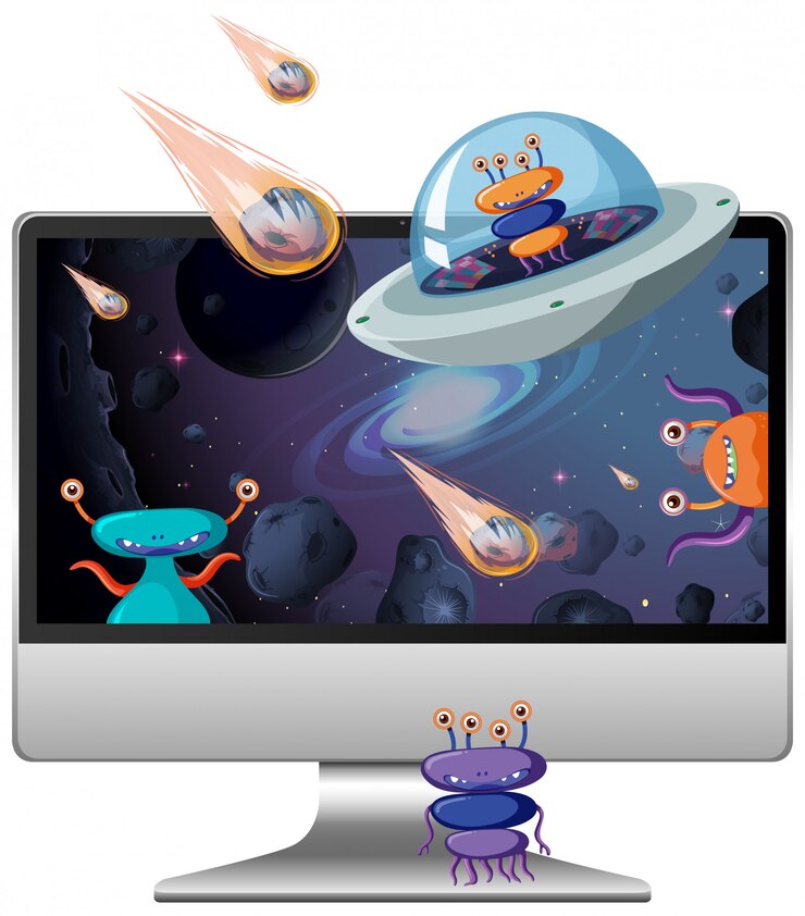 Free Vector space scene on computer desktop background
