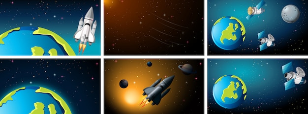 Space scenes with earth and rockets