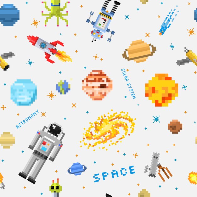 Space seamless pattern background, alien spaceman, robot rocket and satellite cubes solar system planets pixel art, digital vintage game style.
