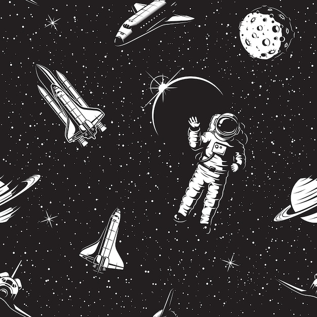 Free vector space seamless pattern. black and white version.