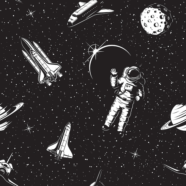 Space seamless pattern. Black and white version.