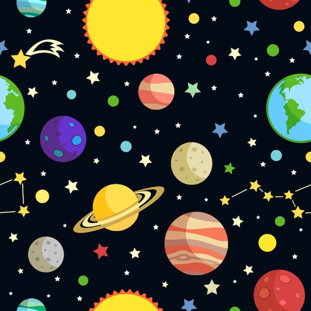 Space seamless pattern with planets stars comets and constellations on dark background vector illustration