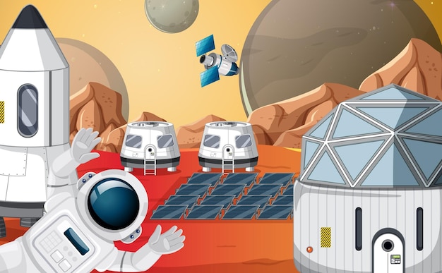 Vettore gratuito sfondo di insediamento spaziale con un astronauta