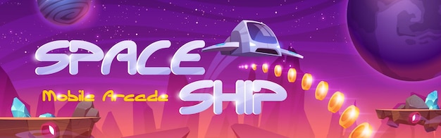 space ship banner with interstellar shuttle hover above alien planet with flying rocks