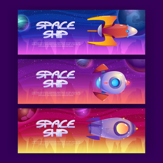 Space ship cartoon banners with rockets flying in cosmos with alien planets and stars graphic design flyers with fantasy shuttles computer game cosmic funny spacecrafts vector illustration set