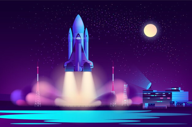 space shuttle night launching cartoon vector