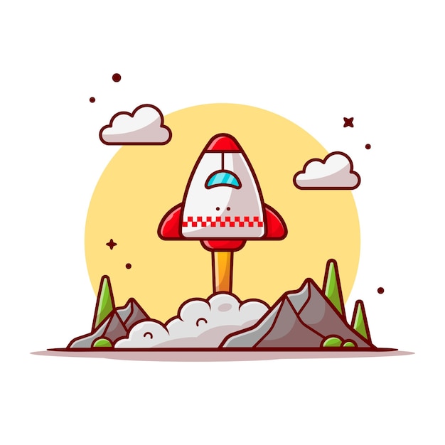 Free vector space shuttle taking off with clouds, mountain and tree space cartoon icon illustration.