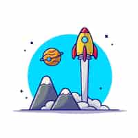 Free vector space shuttle taking off with planet and mountain space cartoon icon illustration.