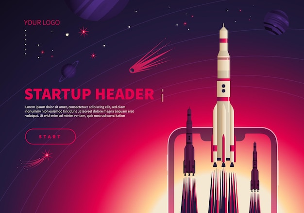 Free vector space startup concept banner with launching rockets